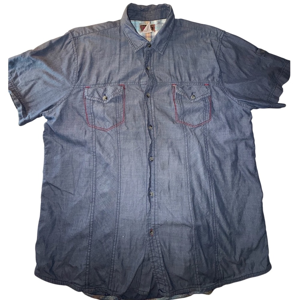 Vintage Red Mens XL Blue Short Sleeve Button Down Shirt Red Contrast Stitching